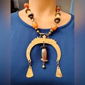 Vintage Handmade African Tribal Ethnic Solid Brass & Stone Beaded Necklace 19”
